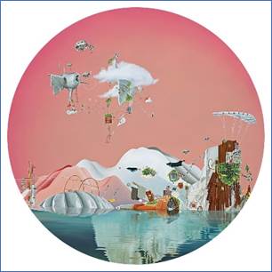 A painting of a landscape with mountains and sky

Description automatically generated