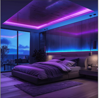 A bedroom with purple lights

AI-generated content may be incorrect.