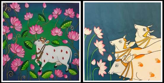 A collage of images of cows and flowers

Description automatically generated