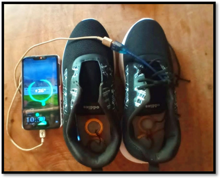 A pair of shoes with a phone plugged into it

Description automatically generated with low confidence