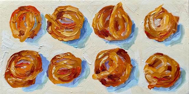 A painting of several spirals of doughnuts

Description automatically generated
