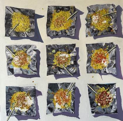 A group of paint brushes and yellow and white powder

Description automatically generated with medium confidence