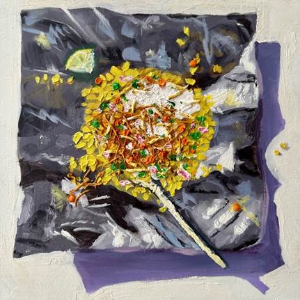 A painting of a bunch of yellow and white objects

Description automatically generated