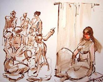 A drawing of people sitting in a room

Description automatically generated