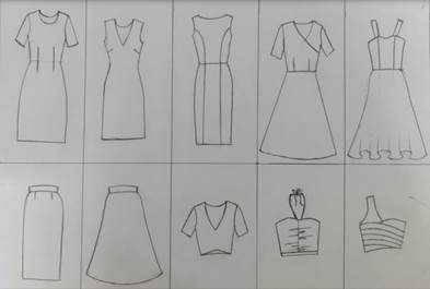 A group of sketches of different dresses

Description automatically generated