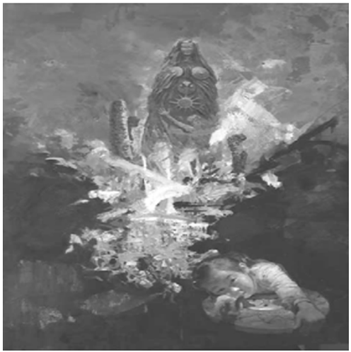 Guan Wenwu, Shun’en Duli. Contemporary  Easel Painting Illustrating how the Ritual Sequence of Xinbin Manchu Ancestral worship—Preparation, Sacrificial Enactment, and Communal Closure—can be Translated into Layered Composition, Gestural Rhythm, and Material Process Through Practice-Based Artistic Research.