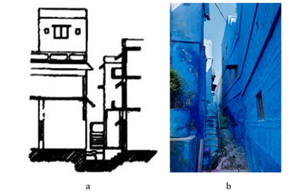 A blue painted alleyway with a drawing of a house

Description automatically generated