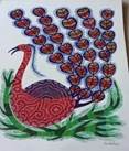 A drawing of a bird with leaves  Description automatically generated