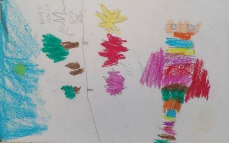 A drawing of a person with colored pencils

Description automatically generated