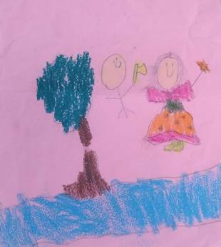 Child's drawing of a child and a child

Description automatically generated